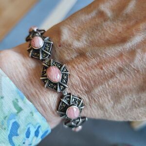 Vintage Sterling Silver Marcasite & Rhodochrosite Cabochons Pink Stone Bracelet